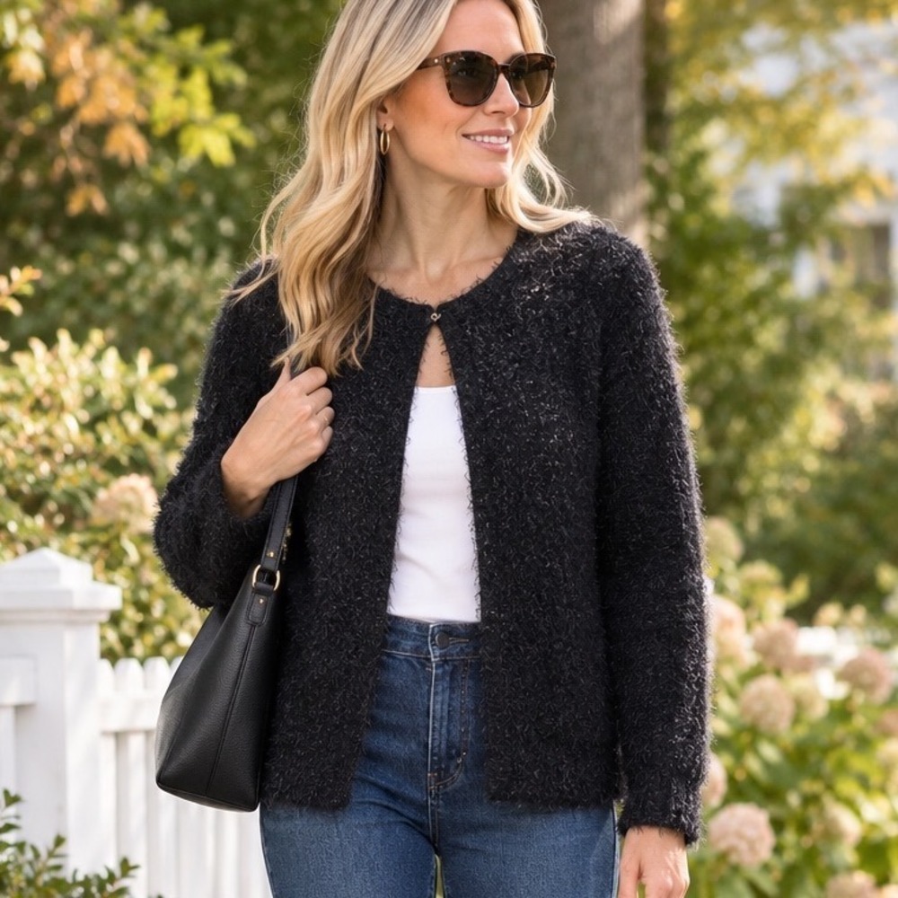 Adrianna Papell Black Eyelash Knit Open Front Cardigan Sweater Woman's Small EUC